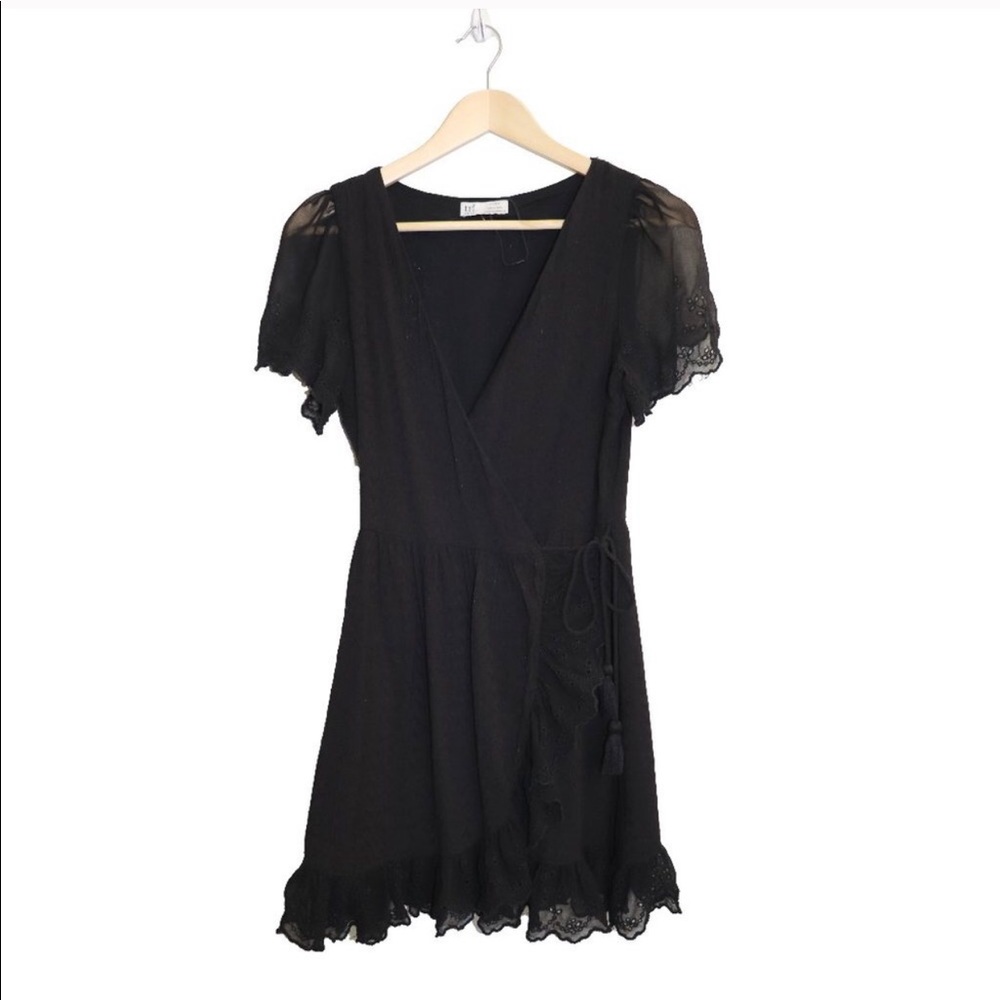 Zara TRF Black Boho Wrap Dress with Lace Detail
